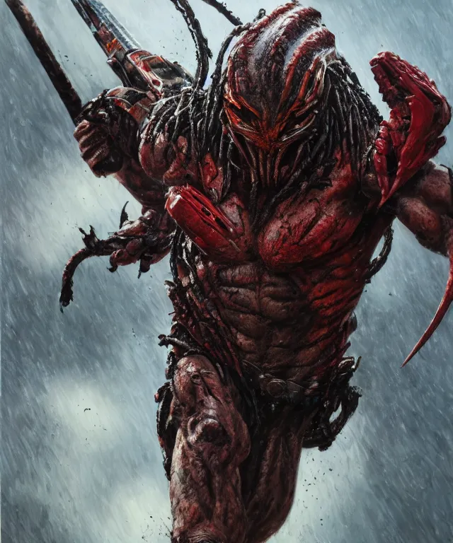 Image similar to an action shot of the predator by chris ayers, oil on canvas, deep depth field, masterpiece, by ken barthelmey and stan winston, trending on artstation, featured on pixiv, cinematic composition, hyper - detailed, hd, hdr, 4 k, 8 k