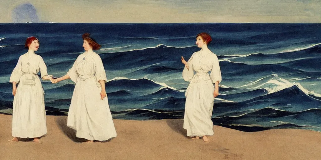 Image similar to two young edwardian women wearing white dresses hold hands on a beach in Sweden, in the style of Anders Zorn, waves in the style of the great wave off kanagawa