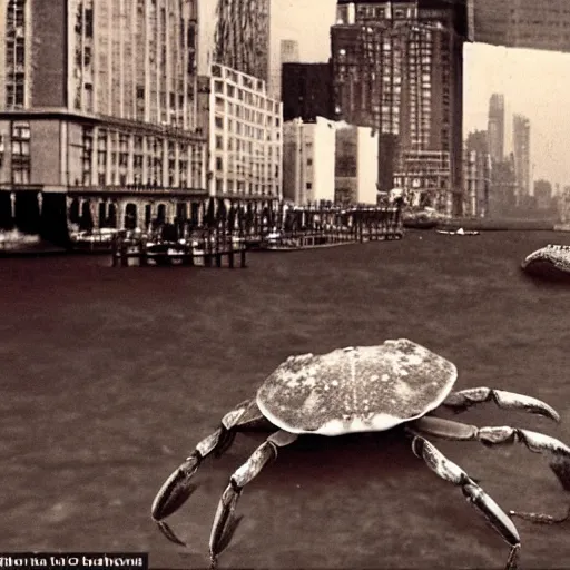 Image similar to A gigantic, huge crab, destroying New York City, photograph, found footage