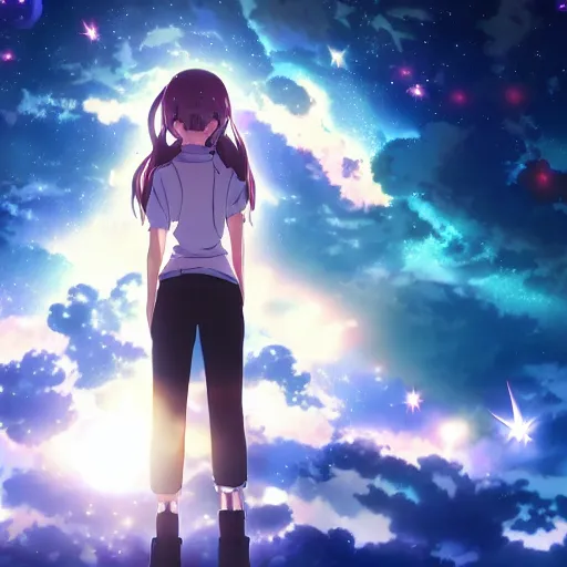 Image similar to key anime visual of a girl looking at a sky full of stars, detailed digital painting, sharp official media, extreme wide shot cold backlit beautiful lighting, stunning vfx