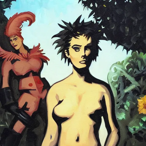 Image similar to short-haired heroic stoic handsome blonde butch tomboy woman engineer standing beside dark fae feathered Jennifer Connelly in garden, in love, Mike Mignola, trending on art station, oil painting