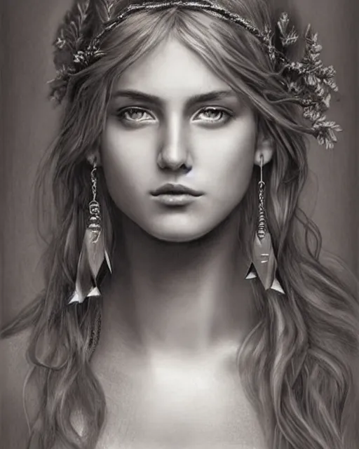 Image similar to pencil drawing of a beautiful greek goddess aphrodite wearing a laurel wreath and arrowhead earrings, beautiful confident and piercing eyes, beautiful flowing hair, hyper realistic face, in the style of greg rutkowski, fantasy, amazing detail, epic, elegant, smooth, sharp focus, from the front