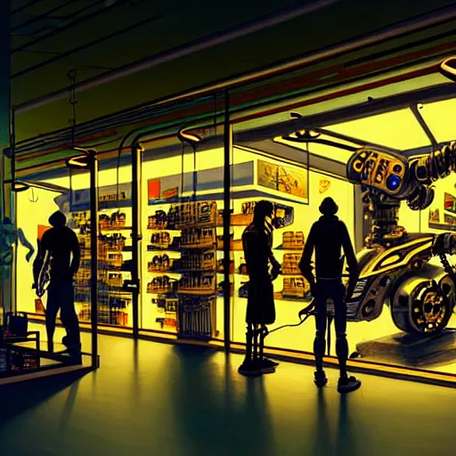 Image similar to inside a robotic shop store in The City of Lisbon at night with a few customers, extreme plus resolution scifi concept art, intricate details to everything visible, sharp lighting, Dramatic light by denis villeneuve, strong emphasis on alphonse mucha, Makoto Shinkai