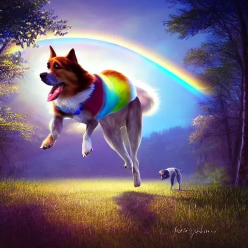 Prompt: a singular beautiful smiling dog running happily towards its owner, ethereal heavenly rainbow bridge in the background behind the dog, tall golden heavenly gates, amazing, stunning artwork, featured on artstation, cgosciety, behance