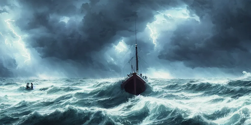 Image similar to A fishing boat struggles in a stormy sea, an intense storm blacks out the sky, fork lightning, dark and epic, film still, ultra wide angle, Greg Rutkowski and Studio Ghibli