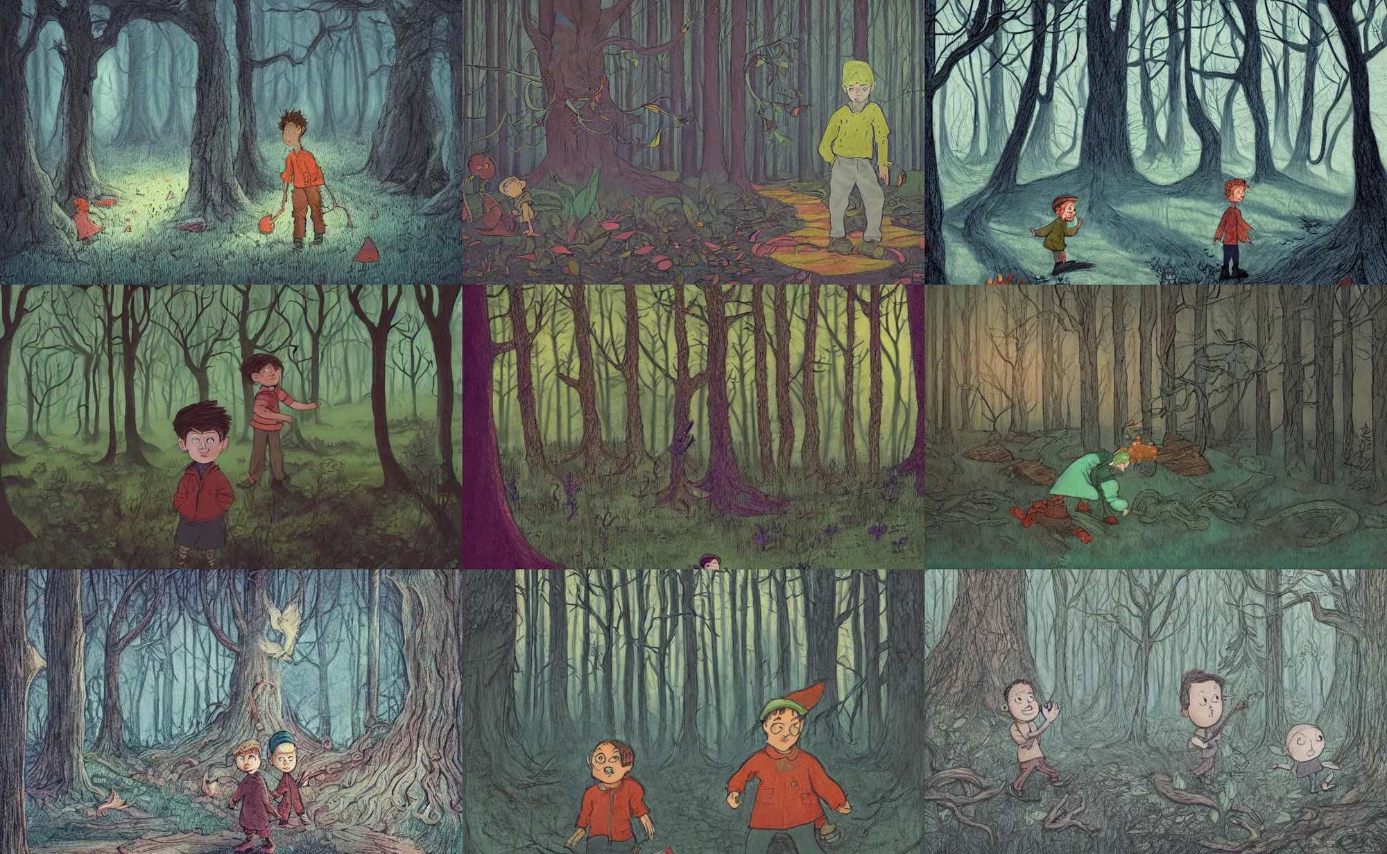 Prompt: children book illustration of boy in haunted forest, by beatrice blue, by julia sarda, by loish, by szymon biernacki. guache, crayons, pastels. dark. low saturation. stylized. behance. intricate. detailed, flat, textured, orthoview.