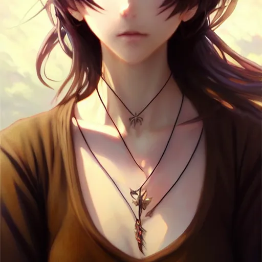 Image similar to anime girl, dress, windswept, upper body, small necklace, d & d, fantasy, detailed eyes, intricate, backlit, realistic lighting, elegant, highly detailed, digital painting, artstation, concept art, smooth, sharp focus, illustration, art by artgerm, greg rutkowski, alphonse mucha