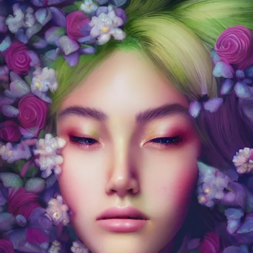 Image similar to portrait of the most beautiful woman surrounded by soft florals, vaporwave lighting, dewy skin, concept art, high detail, beautiful, dreamy, blender