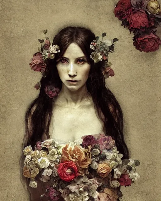 Prompt: a beautiful and eerie baroque painting of a beautiful but serious woman in layers of fear, with haunted eyes and dark hair piled on her head, 1 9 7 0 s, seventies, floral wallpaper, wilted flowers, a little blood, morning light showing injuries, delicate ex embellishments, painterly, offset printing technique, by mary jane ansell