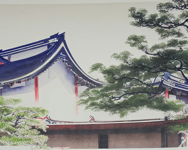 Image similar to a beautiful painting of a building in a serene landscape, japanese watercolor,