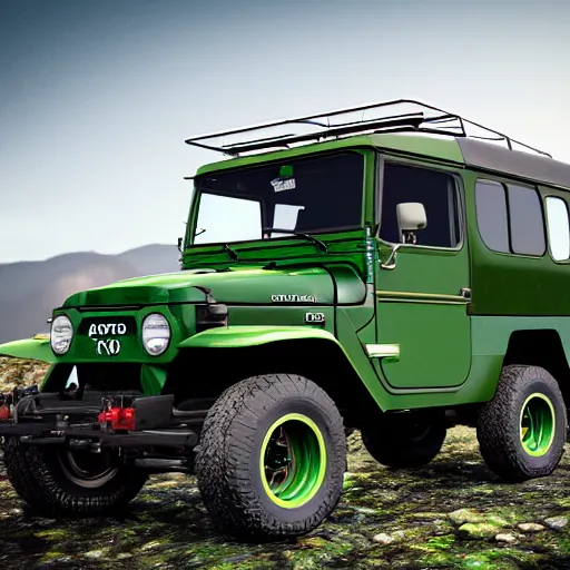 Image similar to closeup of a green Toyota Fj43 build in 1981, traveling through the mountains, black roof, with a roof rack, detailed, in the style of Leonardo da Vinci, 8K, octane render, 8K,