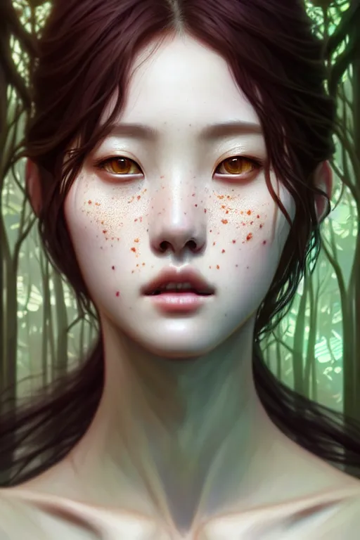 Image similar to beautiful digital painting of a hoyeon jung stylish female forest with high detail, real life skin, freckles, 8 k, stunning detail, works by artgerm, greg rutkowski and alphonse mucha, unreal engine 5, 4 k uhd