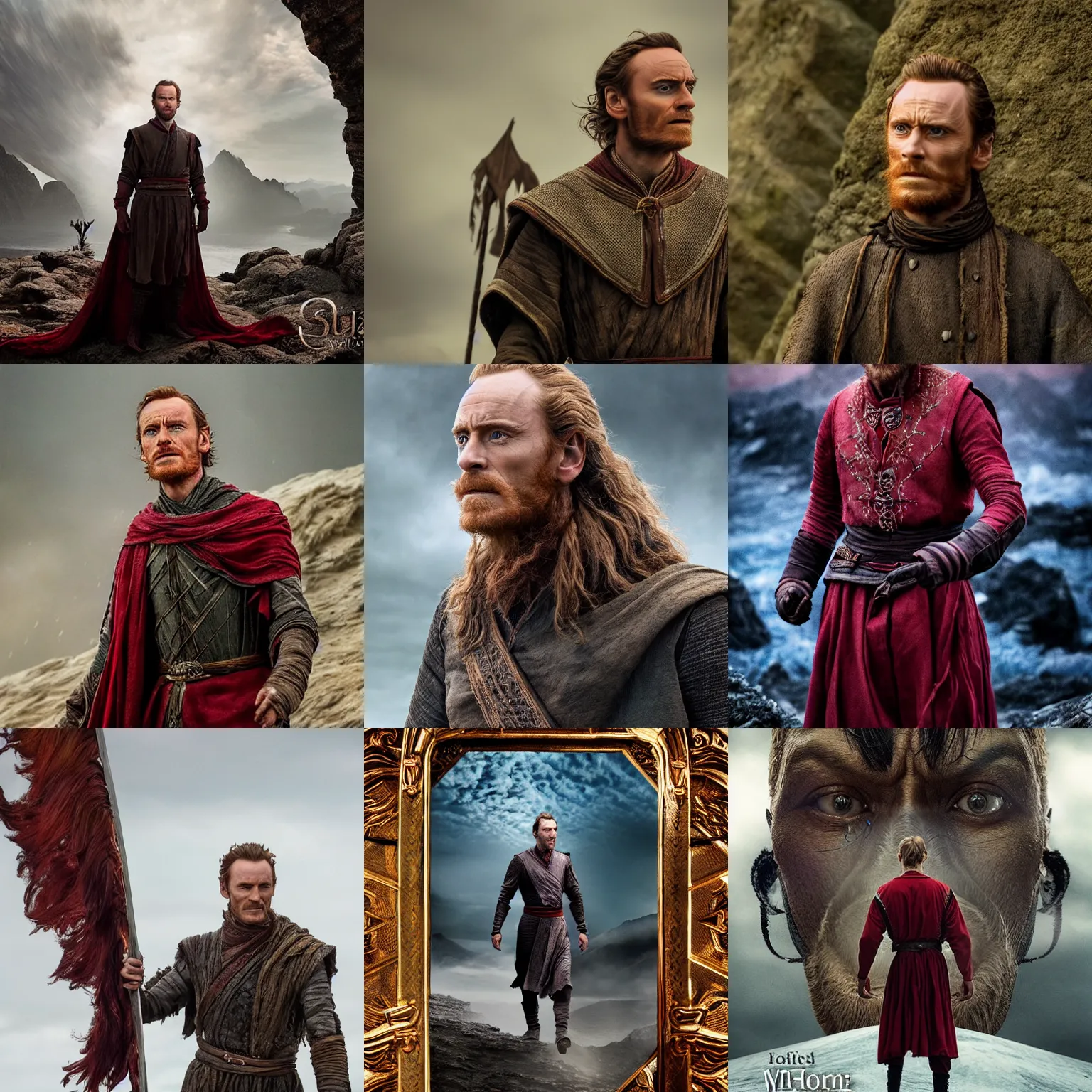 Prompt: hyper realistic photograph of Kwothe in the book the name of the wind, played by Michael Fassbender, 4k, Carl Zeiss, sigma, Tamron so 85mm, stunning arcanum backdrop, magic, detailed set design, award winning costume design, cinematic, lute, red hair