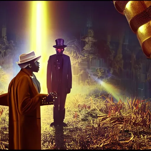 Image similar to Kanye West as willy wonka in fallout new vegas, splash art, movie still, cinematic lighting, dramatic, octane render, long lens, shallow depth of field, bokeh, anamorphic lens flare, 8k, hyper detailed, 35mm film grain