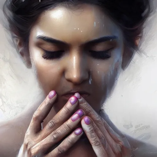 Image similar to Stunning portrait of Beautiful Indian womans face with her hands covering her eyes. Soft render, Greg Rutkowski details, Tears pouring down from her eyes, music album cover, artstation, pixivi