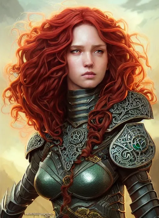 Image similar to ranger, light armor!!! long curly red hair!! covered chest!!! green eyes, fantasy, d & d, intricate ornate details, digital painting, pretty face!!, symmetry, concept art, sharp focus, illustration, art by artgerm! greg rutkowski magali villeneuve wlop! ilya kuvshinov!!, octane render