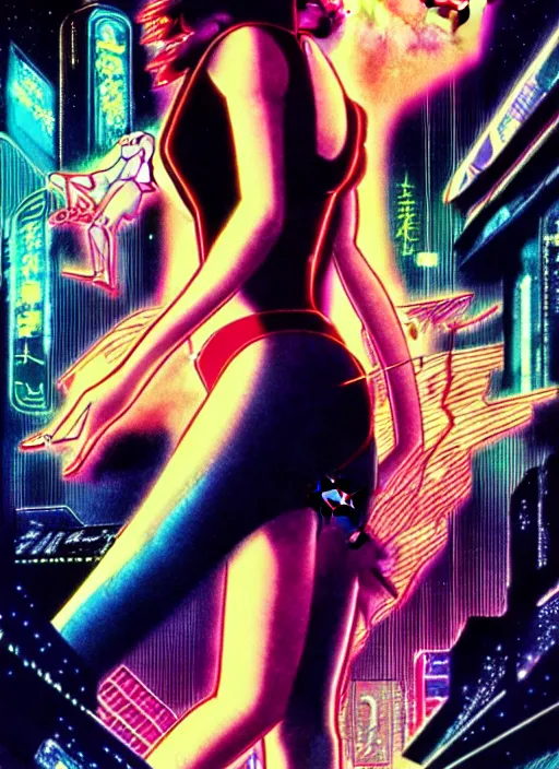 Image similar to realistic illustration of sailor moon in the world of blade runner 1 9 8 2, poster in 8 0 s style, joao ruas style, 4 k