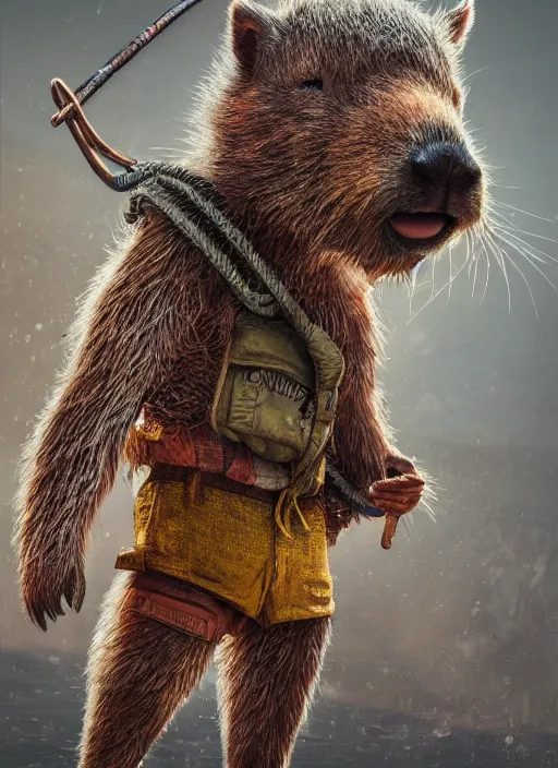 Image similar to detailed full body concept art illustration, soft focus, oil painting on canvas of an anthropomorphic capybara fisherman in full intricate clothing, biomutant, dystopian, micro detail, octane render, 4K
