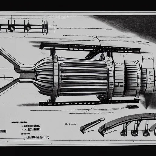 Prompt: archive blueprints of 1 9 4 0's nuclear powered spaceship engine