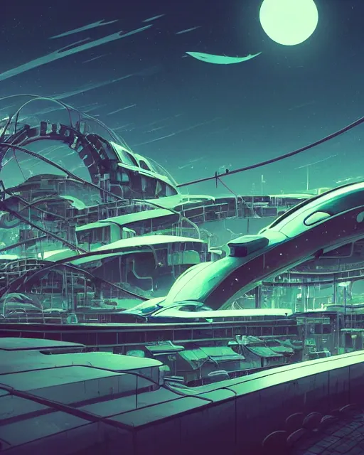 Image similar to simplicity, a roller coaster made out of simple weird organic creatures, in the style of a streamlined asymmetrical spaceship, bleak apocalyptic environment, by dan mumford, yusuke murata, makoto shinkai, ross tran, cinematic, unreal engine, cel shaded, featured on artstation, pixiv