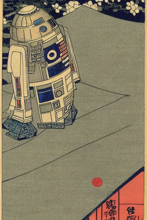 Image similar to Japanese woodblock print of r2d2 in front of a Japanese temple, cherry blossom, hokusai