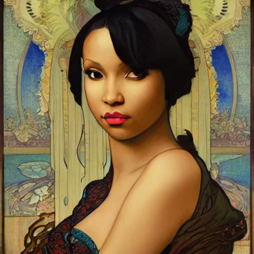 Prompt: romantic painted portrait of nicki minaj by james jean, mucha, andrew loomis, masterpiece