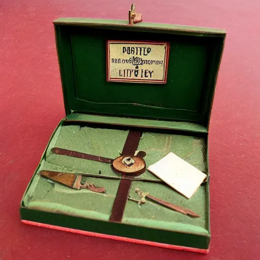 Prompt: vintage gift box for men, stamped with sealing wax, old school, wes anderson style