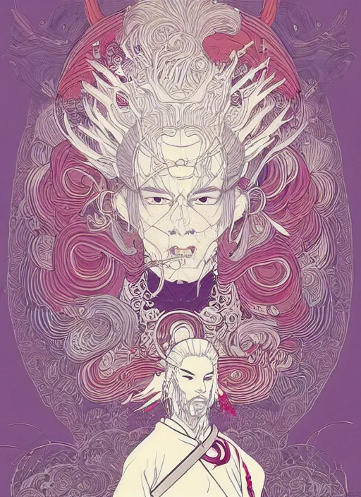 Prompt: beautiful illustration of a white haired samurai, in the style of james jean and victo ngai and sam guay and moebius, vibrant moody colors, trending on artstation