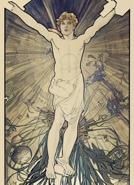 Prompt: digital character concept art by paul berthon and alphonse mucha, portrait of a young 1 2 years old icarus a god, twelve years old, arms spread wide looking skyward as if to fly, large mechanical bird wings, beautiful, smooth body, night time, light effect, clouds, stars, glowing lanterns, detailed, poster art, lithograph, hyper detail