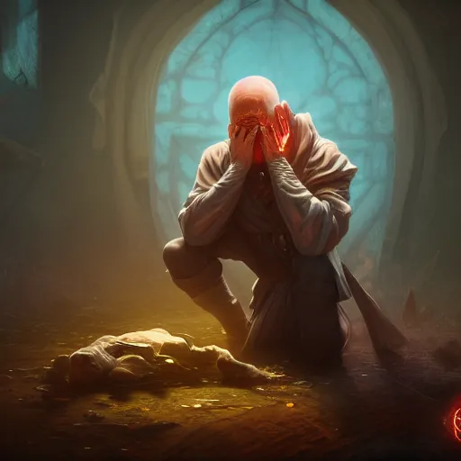 Image similar to an old necromancer kneeling down and sobbing trying to resurrect his dead friend, artstation, Grim fantasy,emotional, EOS R5, f/2.5 , illustration , concept art, award winning photograph, 8k, Alphonse Mucha style,