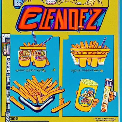 Image similar to video game box art of a commodore 6 4 game called fries and soft drinks, highly detailed cover art.