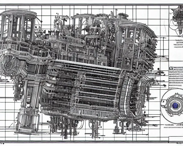 Image similar to a full page of a mechanical blueprint showing a cutaway design for a mechanized woman from howl's moving castle ( 2 0 0 4 ), with a big head, muted colors, post grunge, studio ghibli, hq,