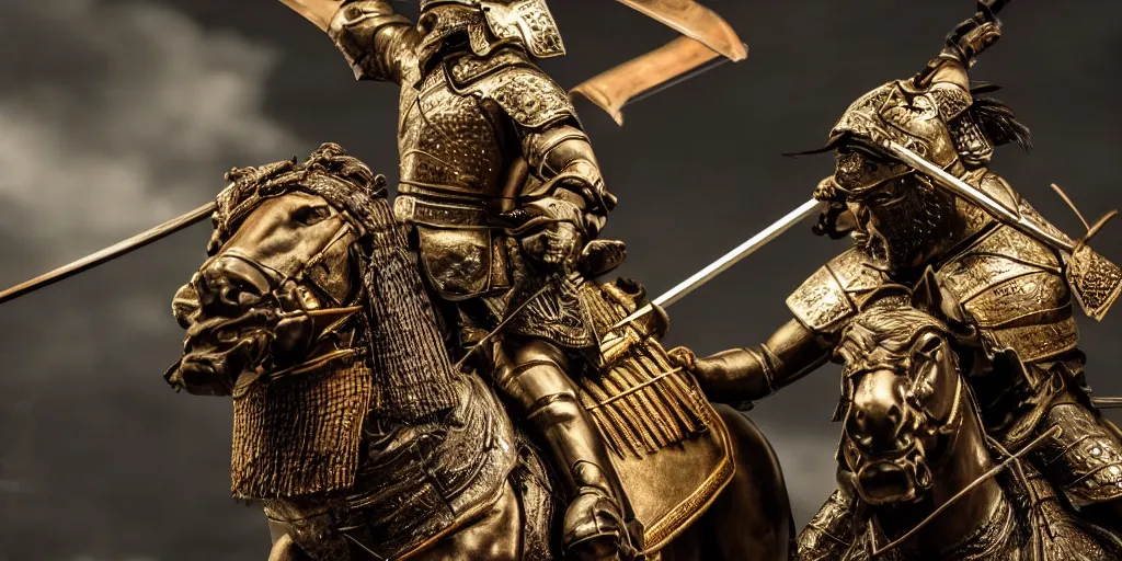 Prompt: close up macro shot of a roman general riding a horse fighting a samurai with swords on wet tokyo street at night, intricate, hyper detailed, smooth, dramatic lighting, cinematic