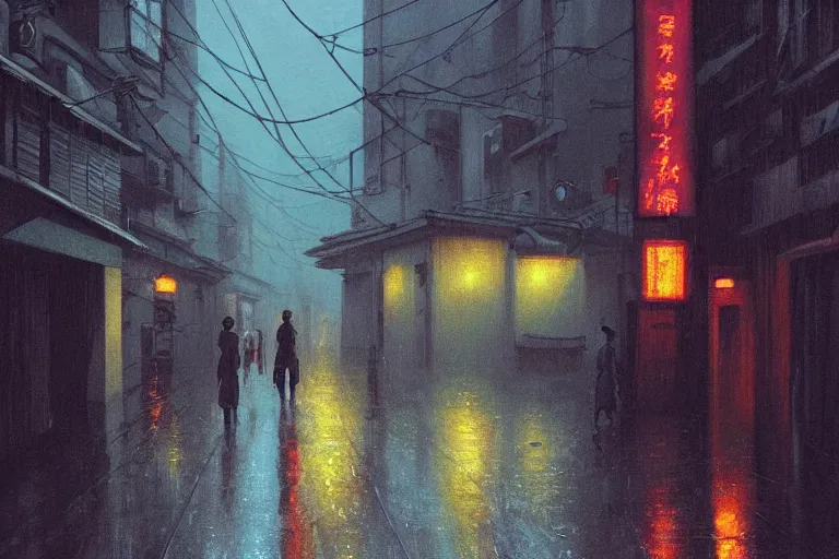 Prompt: a painting of a rain soaked back street in osaka at dusk, neon lights, dark figures walking, digital art, trending on artstation, by studio ghibli and greg rutkowski. zdzisław beksinski!!!!! spirited away. trending on artstation, hyperrealism, unreal engine