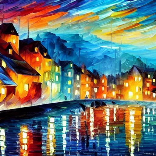 Image similar to beautiful cityscape of a seaside village in the style of leonid afremov