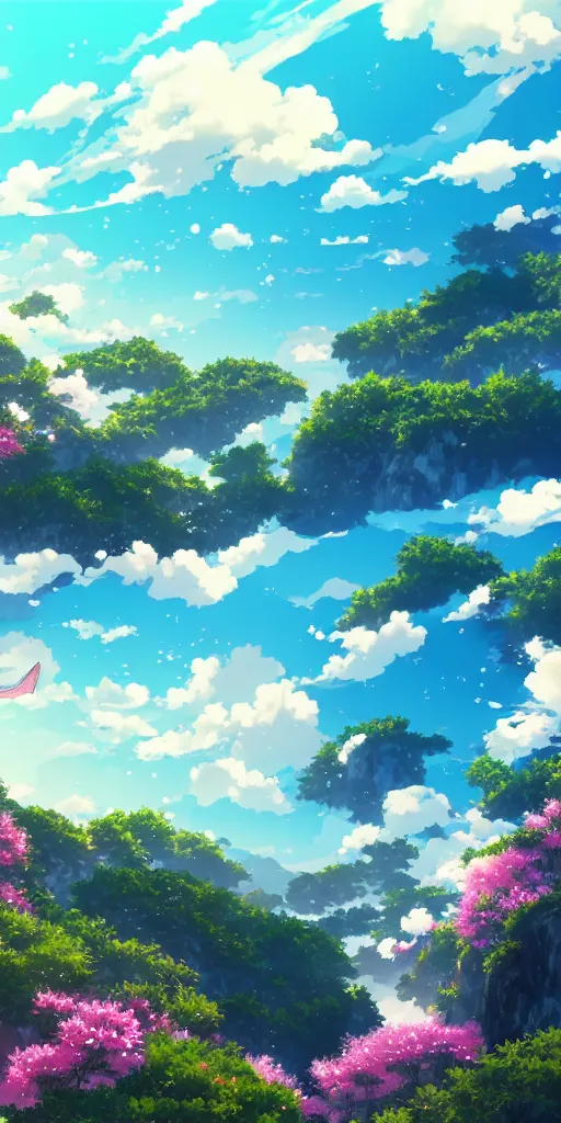 Prompt: A beautiful anime illustration of an ocean coast, cliffs, wildflowers, breathtaking clouds, wide angle, by wu daozi, qiu ying, tang yin, very detailed, deviantart, 4k vertical wallpaper, tropical, colorful, airy, anime illustration, anime nature wallpap