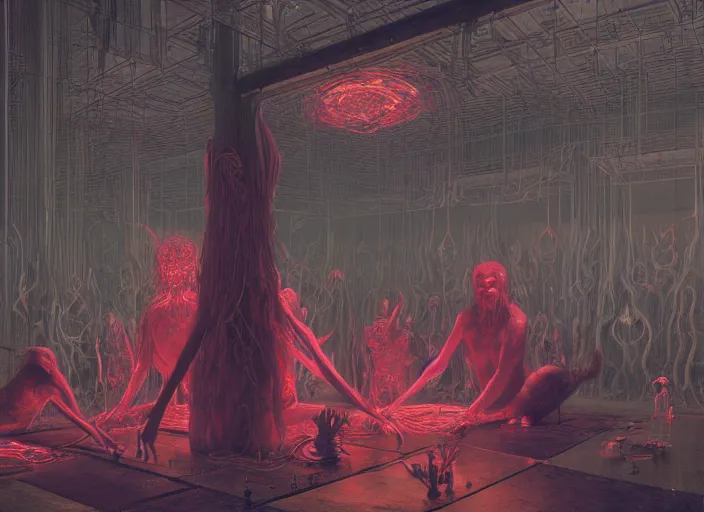 Image similar to satanic ritual, neon, they are watching, RGB, glowing wires everywhere, pristine, by Edgar Maxence and Ross Tran, Zdzisław Beksiński, and Michael Whelan, distant, gustav dore, H.R. Giger, 8k, octane render