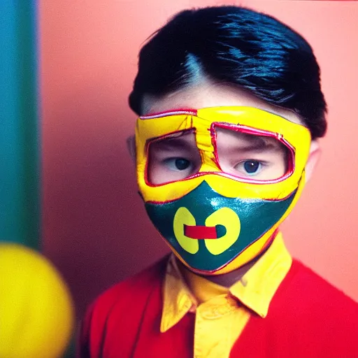 Image similar to 8 0 s school portrait of a boy wearing a luchador mask, wes anderson, realistic photo