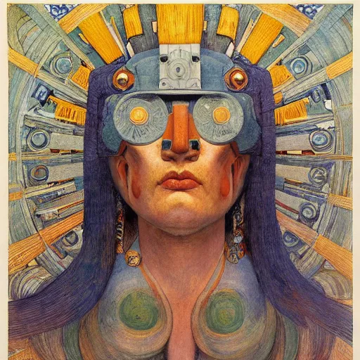 Image similar to the robot queen wearing her bird mask, by annie swynnerton and diego rivera and elihu vedder and lucien freud and jean delville, symbolist, dramatic lighting, elaborate geometric ornament, head and shoulders view, art brut, soft cool colors, smooth, sharp focus, extremely detailed, adolf wolfli, leo and diane dillon, nicholas roerich