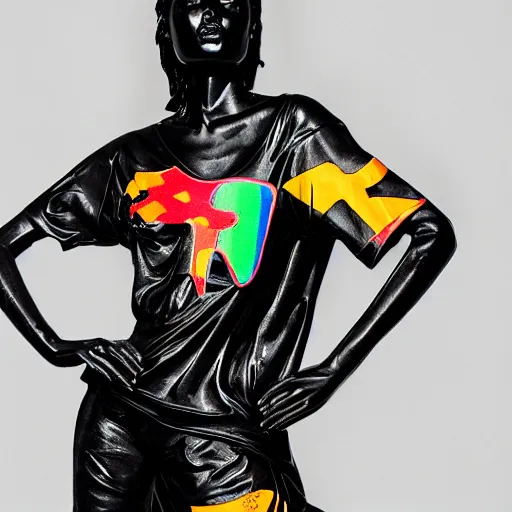 Image similar to black marble statue of a beautiful woman with colorful motocross logos in the style of virgil abloh, very very beautiful, detailed, off white, heron preston, 8 k, 4 k, detailed, beautiful, symmetrical, vogue, editorial, fashion, magazine, model