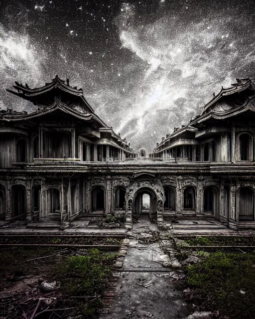 Image similar to a beautiful hyperdetailed rendering of pathway urbex city unfinished building building abandoned nature by louis sullivan, galactic hyperrealism myst at night reclaimed by nature magic realism darkacademia tokyo thermal imaging infrared sea, archdaily, wallpaper, highly detailed, trending on artstation.