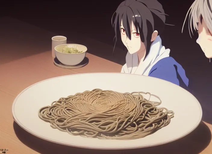 Prompt: a film still portrait of a plate with soba and udan, finely detailed features, closeup at the food, perfect art, at a dinner table, gapmoe yandere grimdark, trending on pixiv fanbox, painted by greg rutkowski makoto shinkai takashi takeuchi studio ghibli, akihiko yoshida