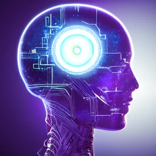 Prompt: a portrait of a cyberpunk artificial intelligence humanoid brain, galaxy theme
