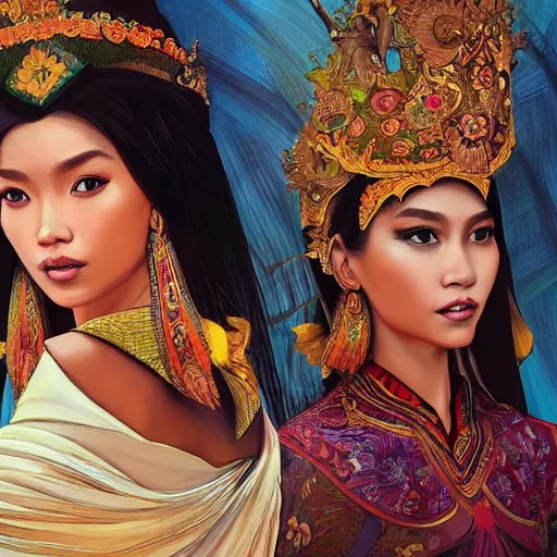 Image similar to portrait of an indonesian supermodels wearing traditional costume, highly detailed, digital painting, artstation, concept art, sharp focus, illustration, art by kittichai rueangchaichan and james gurney and alphonse mucha