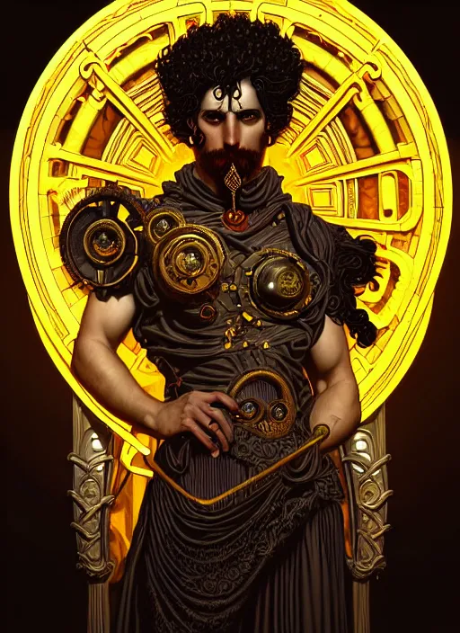 Image similar to portrait of greek god ares, black curly hair, glowing eyes, volumetric lights, yellow red scheme, art nouveau botanicals, gothic, intricate, highly detailed, digital painting, artstation, concept art, smooth, sharp focus, symmetric face, illustration, steampunk, art by artgerm and greg rutkowski and alphonse mucha