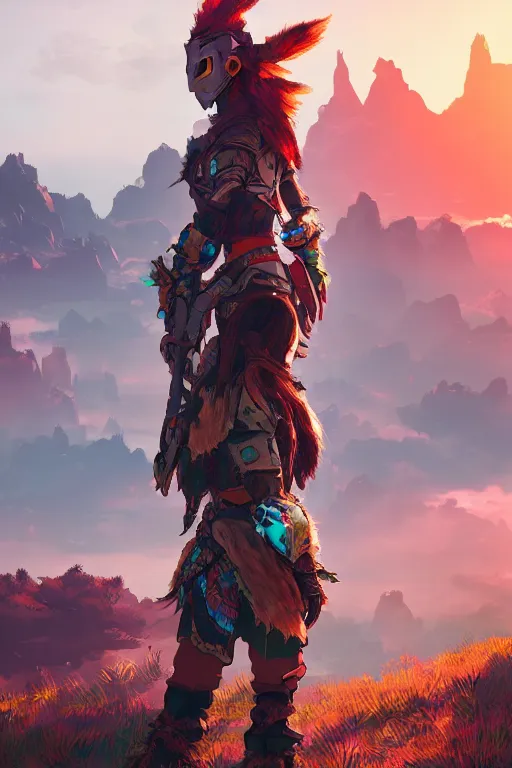 Image similar to combination suit armor aloy horizon forbidden west horizon zero dawn radiating a glowing aura global illumination ray tracing hdr fanart arstation by ian pesty and alena aenami artworks in 4 k tribal robot ninja mask helmet backpack