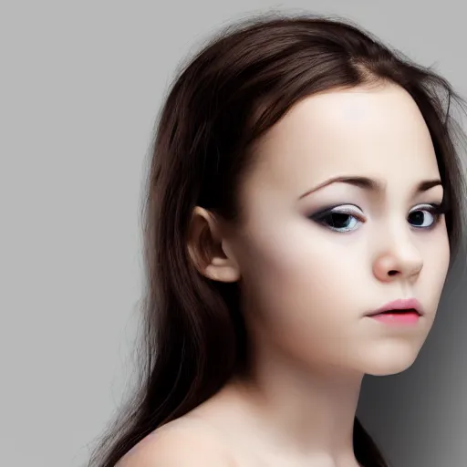 Image similar to photograph of girl with big forehead with square face and small bird beak lips and small round nose and dark black, high detail 8k,