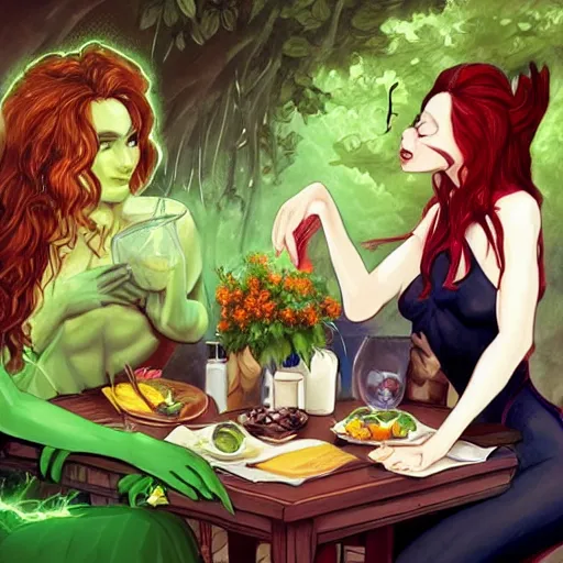 Image similar to a beautiful picture of doctor poison ivy professor of botany and doctor liliana vess professor of demonology having lunch, academic clothing, dark eyeliner, intricate, elegant, highly detailed, digital painting, artstation, concept art, matte, sharp focus, illustration, art by bob ross and hokusai