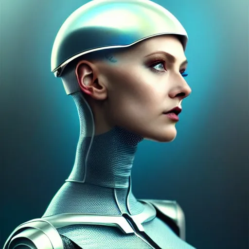 Image similar to woman in hitech armor costume with dark bobcut haircut with friendly blue eyes and slim features looking askance, cyberpunk bionics, retro - futurist style, intricate, elegant gleaming jewelry, angelic halo, highly detailed, digital painting, artstation, concept art, smooth, sharp focus, illustration, art by wlop, mars ravelo and greg rutkowski