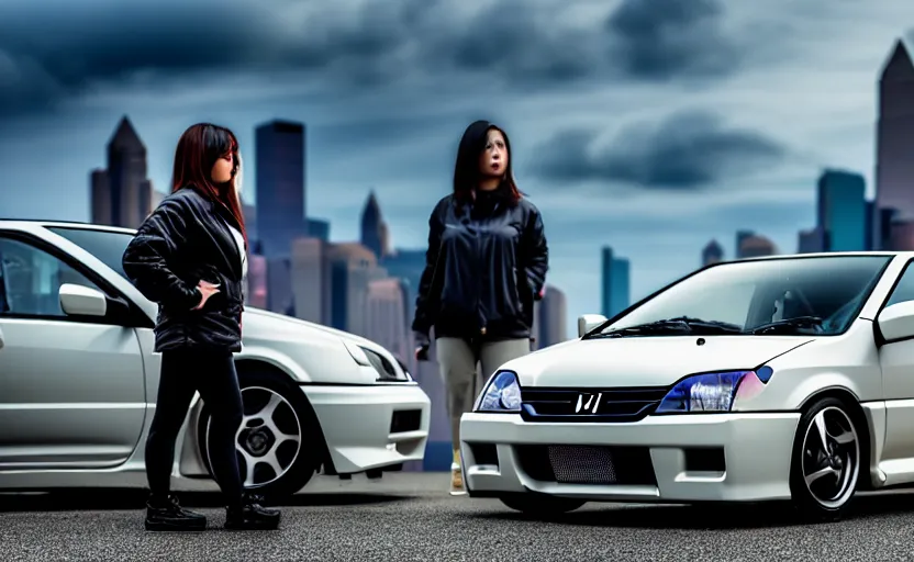 Image similar to photograph of a cell-shaded Honda EK9 Type-R next to a techwear woman standing looking off into the distance, on an Ohio road with a futuristic city in the horizon, one point perspective, 1-point perspective, tilt shift, sigma 85mm f/1.4, 4k, depth of field, high resolution, 4k, 8k, hd, full color, trending on artstation